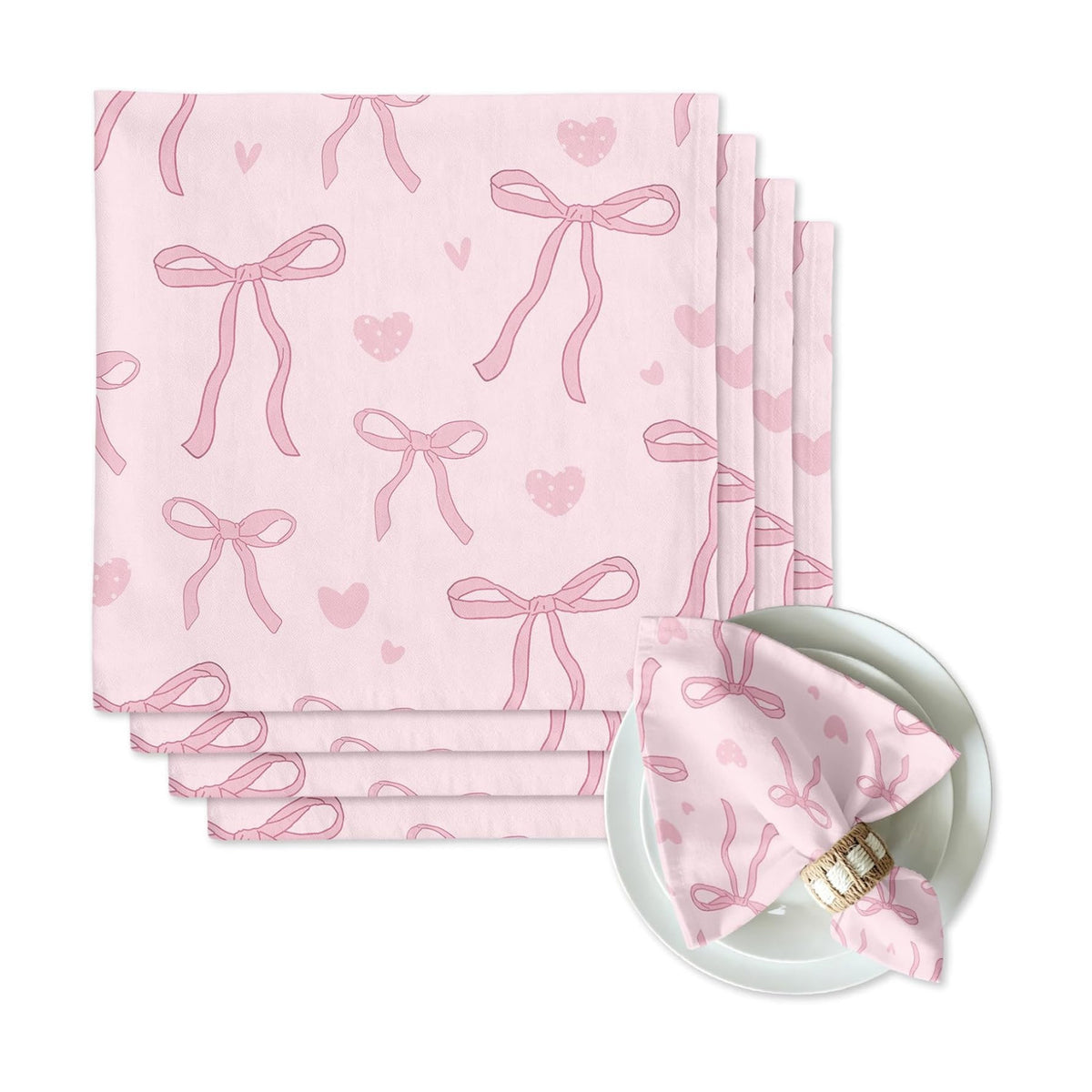Pink Bow Dinner Cloth Napkins Set of 4, 18 x 18 Inch Washable Reusable Fabric Napkins, Gifts for Bow Lovers Girls, Bridal Shower Tea Party Kitchen Table Decor