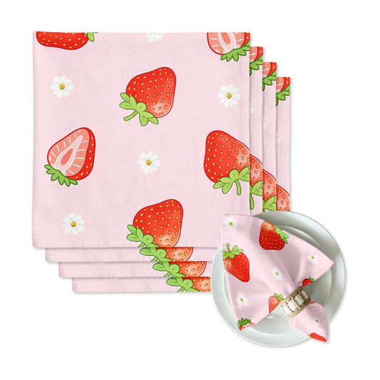 Strawberry Daisy Dinner Cloth Napkins Set of 4, 18x18 Inch Pink Reusable Fabric Napkins, Gifts for Strawberry Lovers & Women, Summer Party Picnic Kids Birthday Kitchen Table Decor