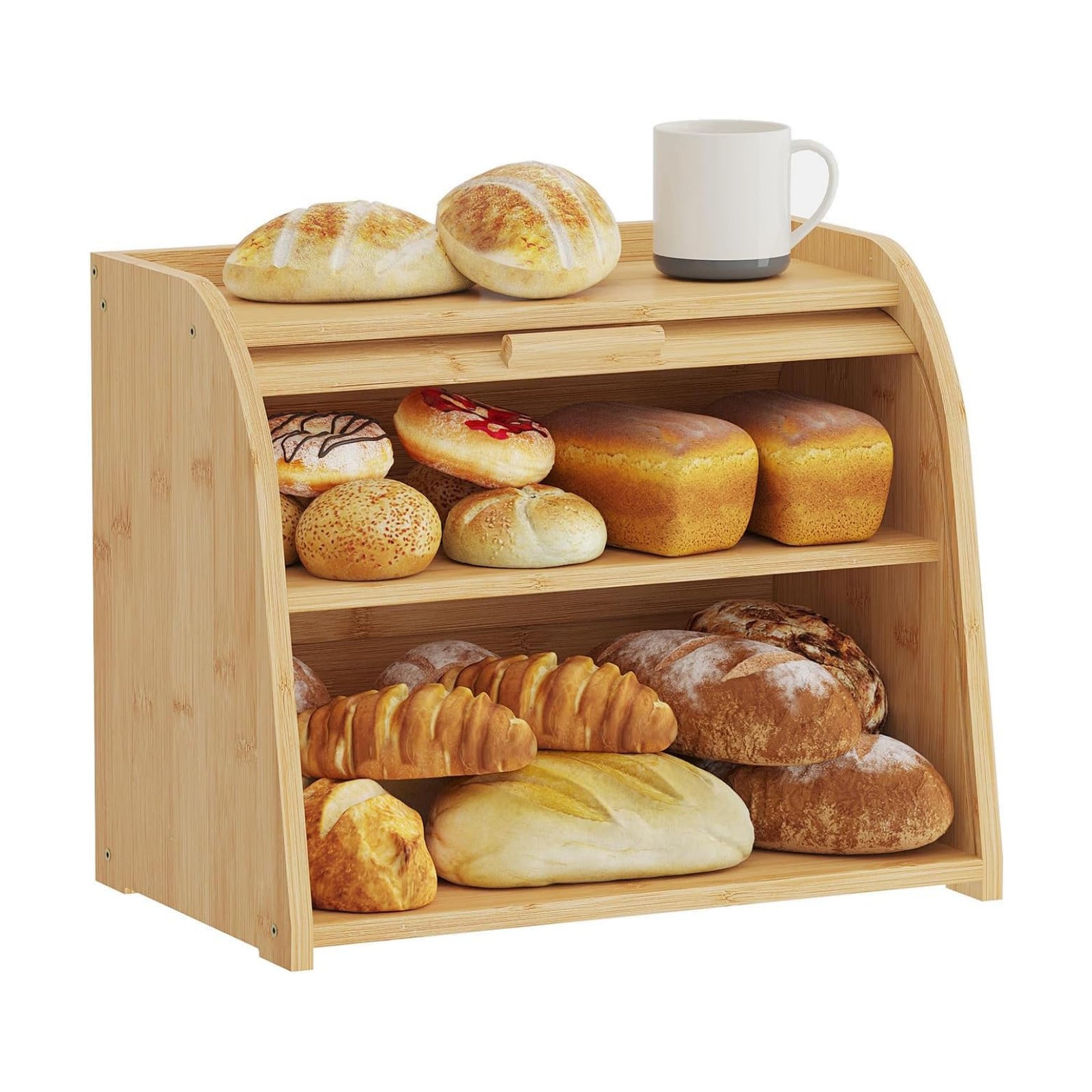 Roll Top Bread Box for Kitchen Countertop, 2-Tier Large Bamboo Wood Bread Box, Wooden Corner Bread Storage Capacity