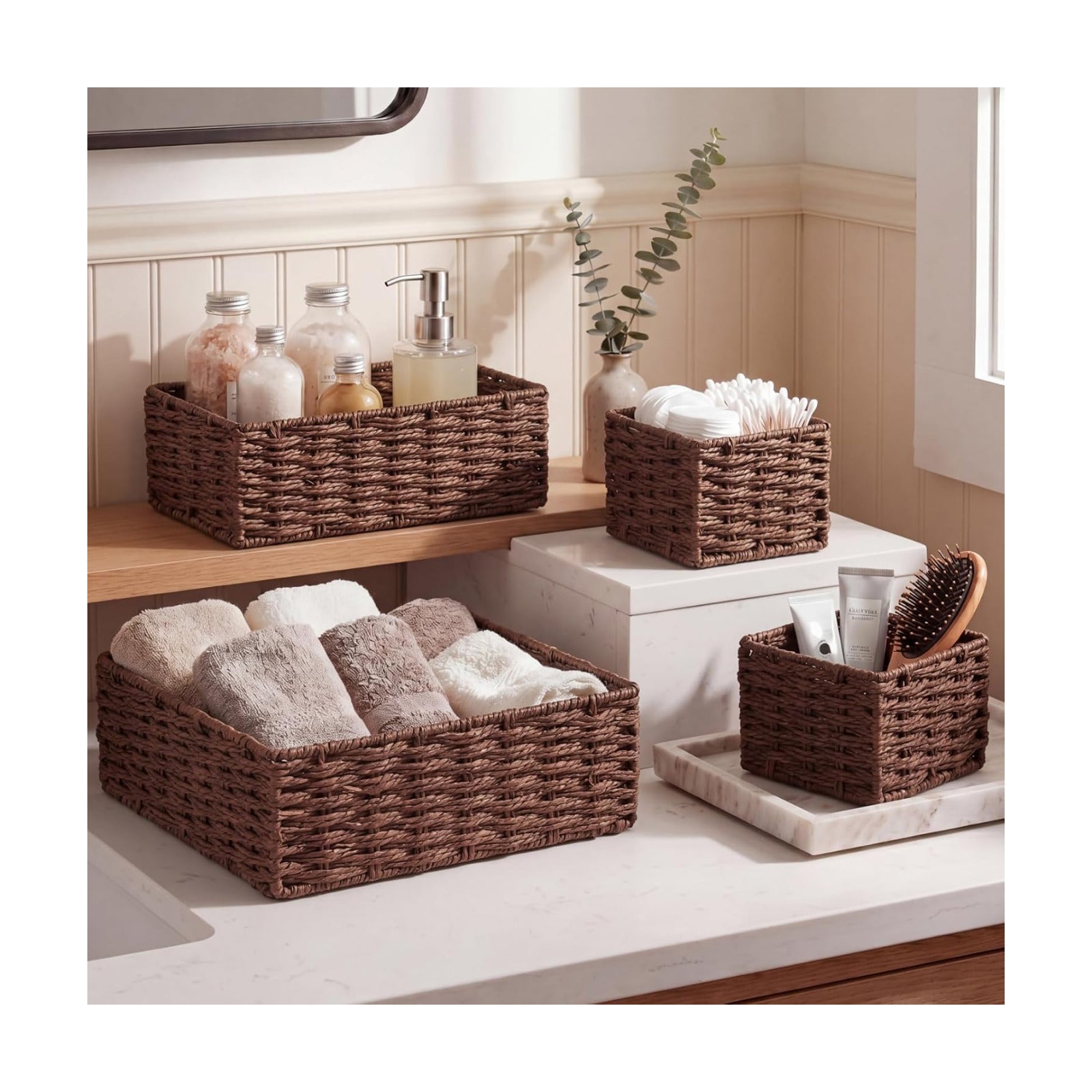 Bathroom Woven Basket Organizer Rustic Bathroom Decor Storage / Brown / Paper Rope / Set of 4