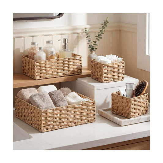 Bathroom Woven Basket Organizer Farmhouse Bathroom Decor Storage / Wood Color / Plastic / Set of 4