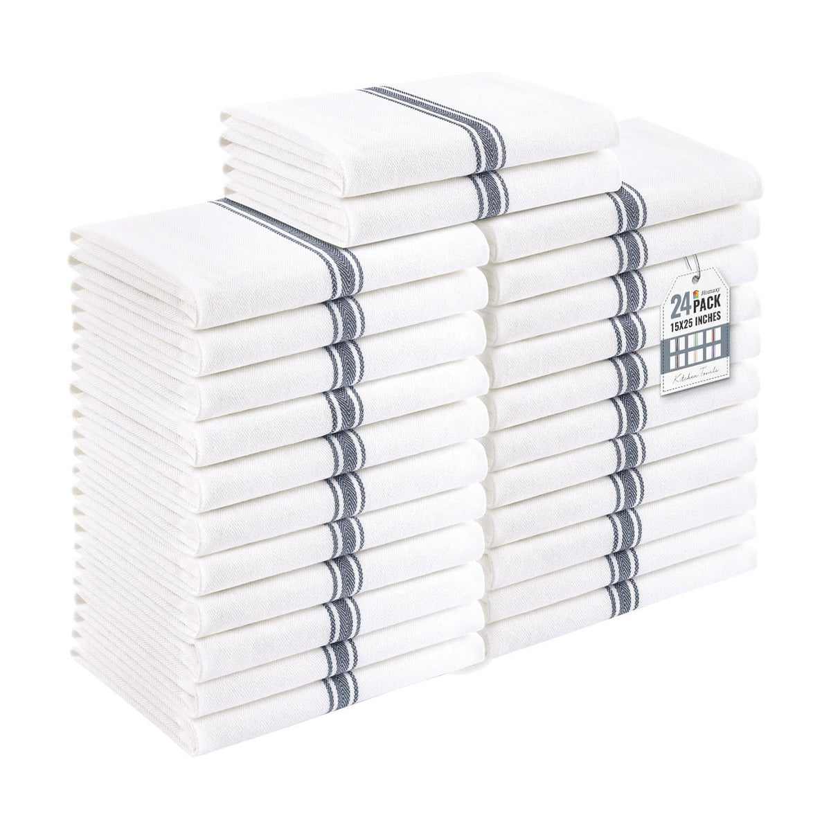 Homaxy 100% Ring Spun Cotton Kitchen Towels 24 Pack, Slate Gray Stripe | 15 x 25 Inch, Highly Absorbent Dish Towels for