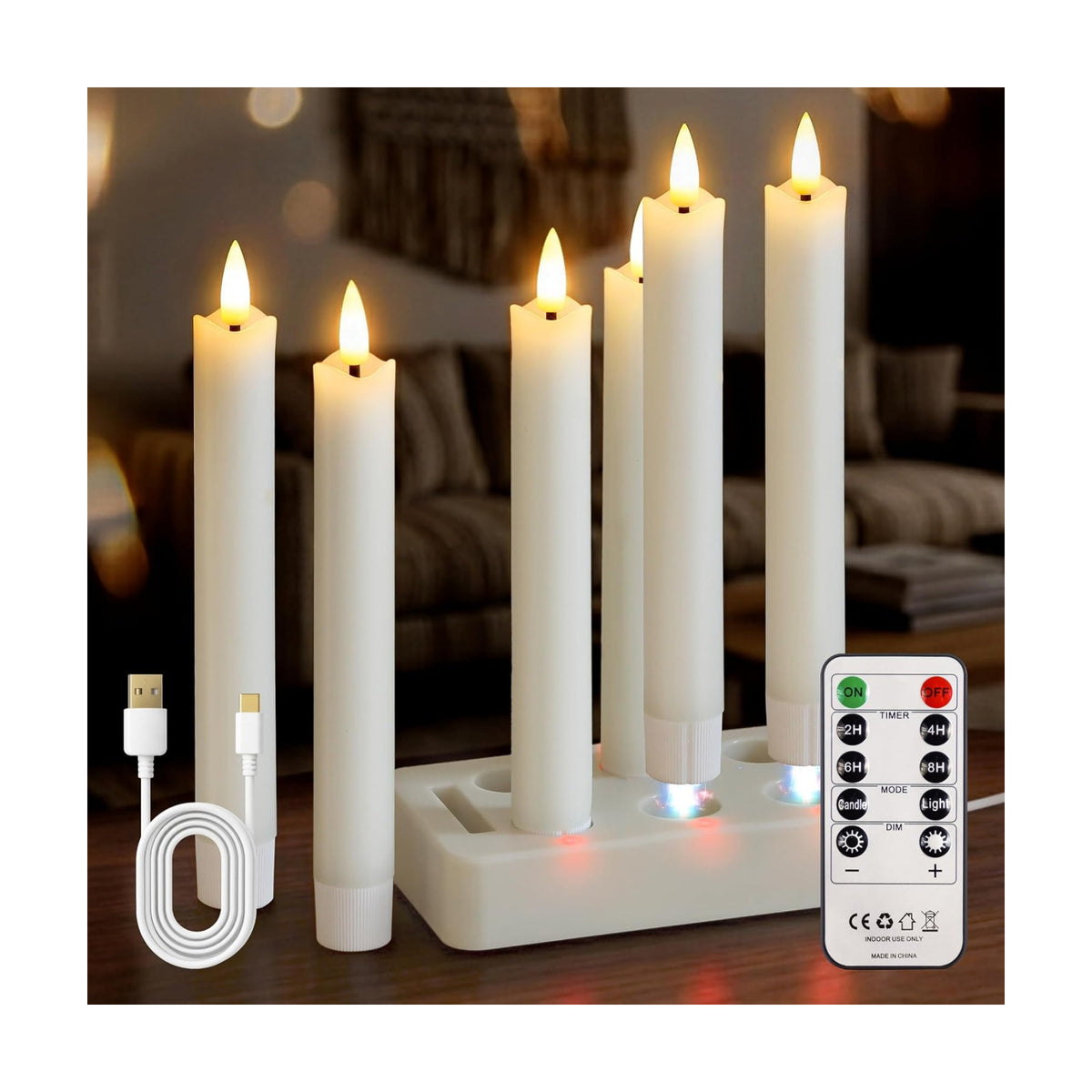 Rechargeable LED Taper Candles with Remote Timer, Flameless Ivory Real Wax Set of 6 with Charging Station, Flickering