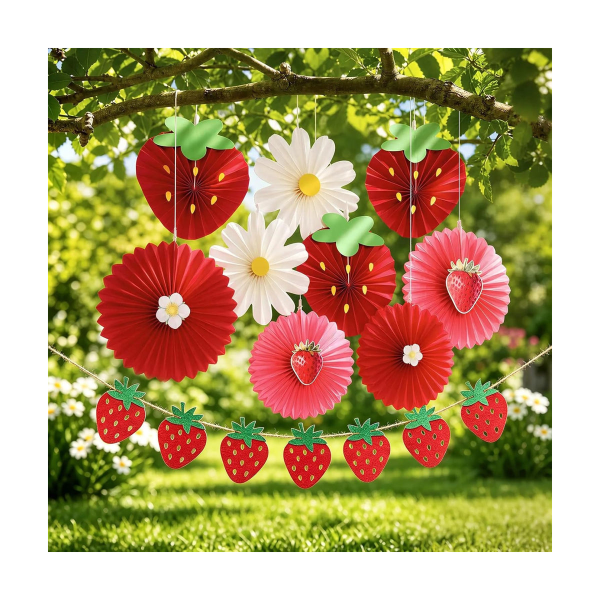 OBBOLO Strawberry Party Decorations, Strawberry and White Flower Paper Fans, with Strawberry Banner, for Berry First Birthday, Sweet 1st Birthday, Baby Shower, Strawberry Themed Birthday Hanging Decor