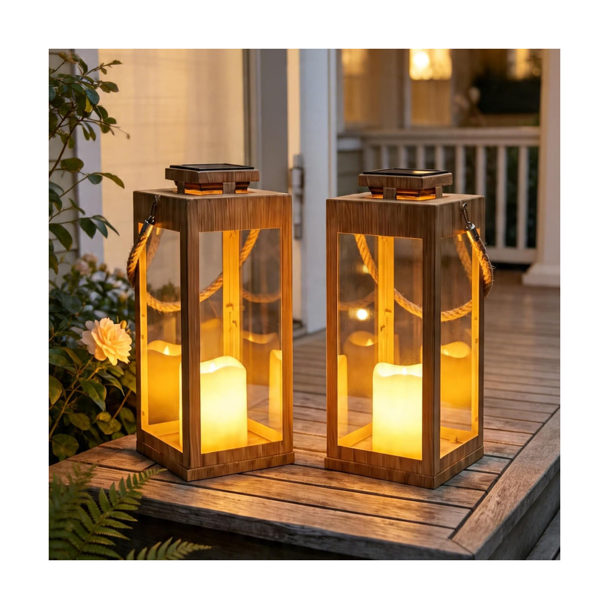 2Pack 13" Metal Decorative Porch Lanterns Solar Lanterns Outdoor Waterproof | LED Flickering Flameless Candle