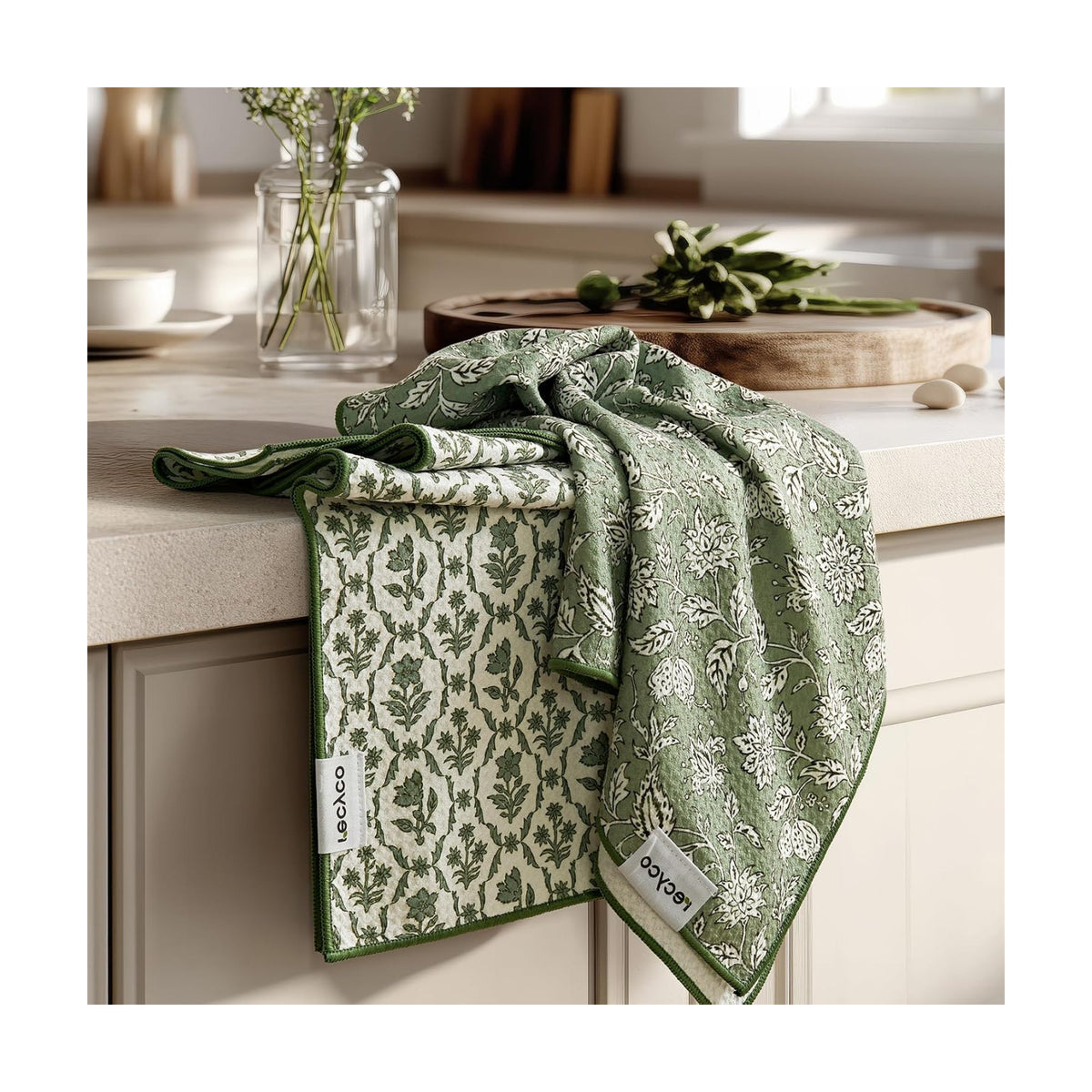 RECYCO Waffle Kitchen Towel Set of 2 - Quick Dry Microfiber Sustainable Dish Towels - Ultra Absorbent Reusable Cleaning Tea Towels - Lightweight Hand Towels,16”x 28”, Thyme & Vine