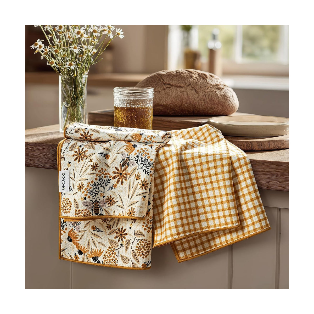 RECYCO Waffle Kitchen Towel Set of 2 - Quick Dry Microfiber Sustainable Dish Towels - Ultra Absorbent Reusable Cleaning Tea Towels - Lightweight Hand Towels,16”x 28”, Joyful Bees