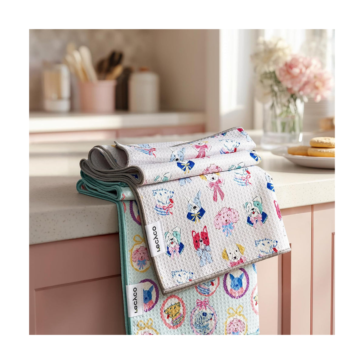 RECYCO Waffle Kitchen Towel Set of 2 - Quick Dry Microfiber Sustainable Dish Towels - Ultra Absorbent Reusable Cleaning Tea Towels - Lightweight Hand Towels,16”x 28”, Puppy Joy