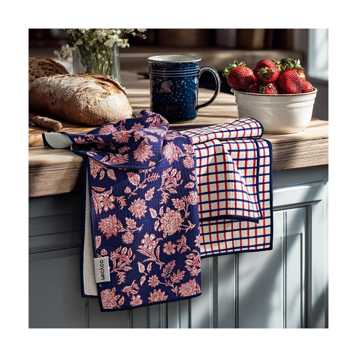 RECYCO Waffle Kitchen Towel Set of 2 - Quick Dry Microfiber Sustainable Dish Towels - Ultra Absorbent Reusable Cleaning Tea Towels - Lightweight Hand Towels,16”x 28”, Americana Bloom