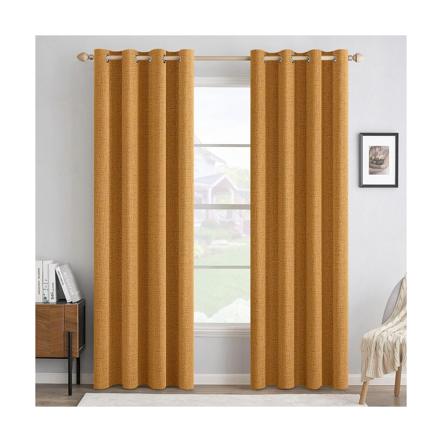 MIULEE 100% Blackout Linen Curtains for Bedroom 52x108 Inch Mustard Yellow