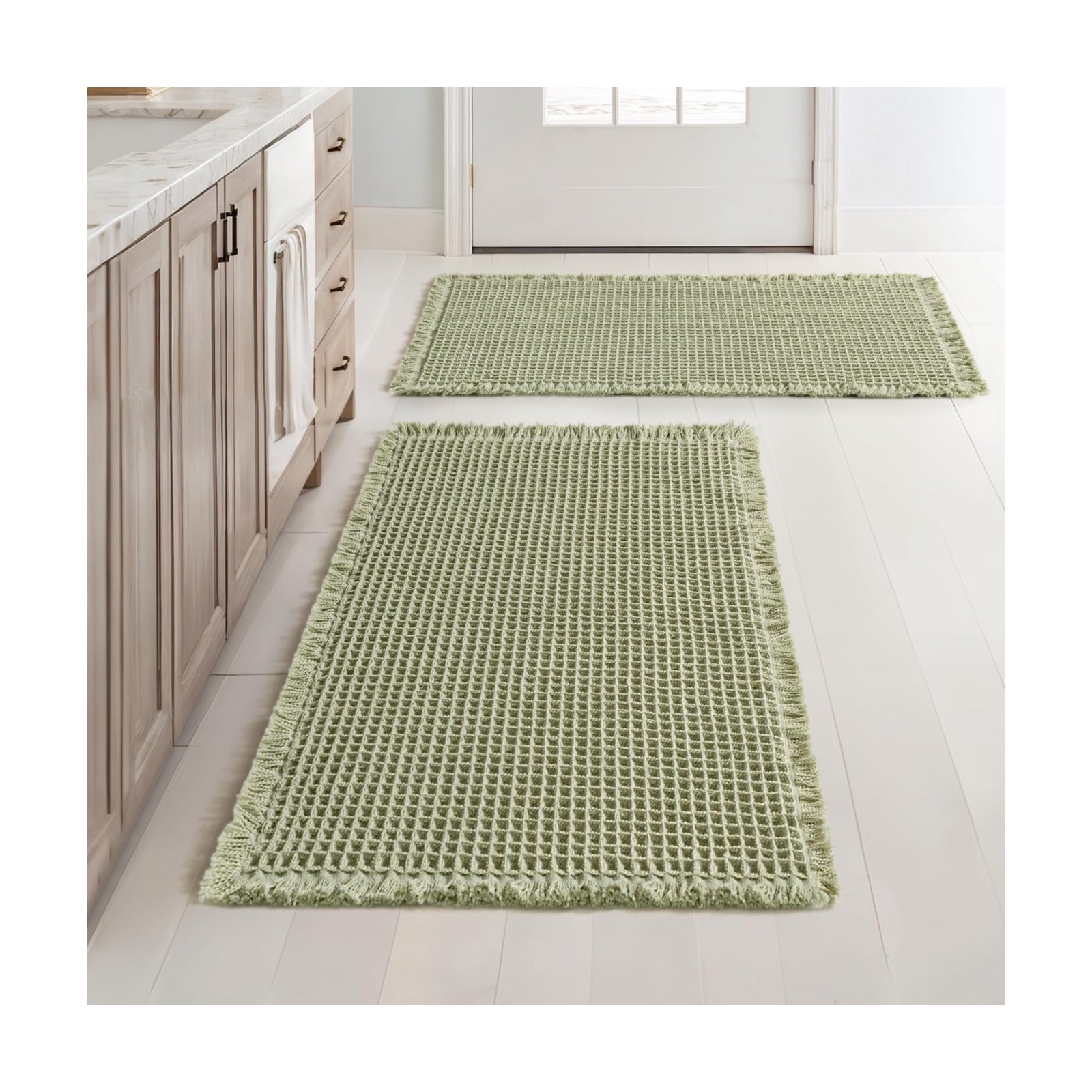 MIULEE Set of 2 Waffle Bathroom Rugs Boho Bath Mat Sage Green 20x32 Inch