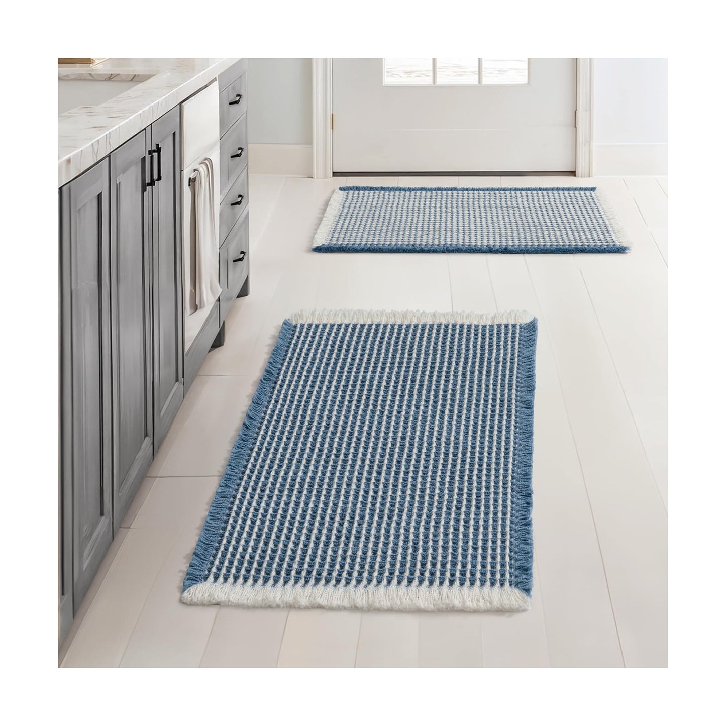 MIULEE Set of 2 Waffle Bathroom Rugs Boho Bath Mat Blue&Cream 17x24 Inch