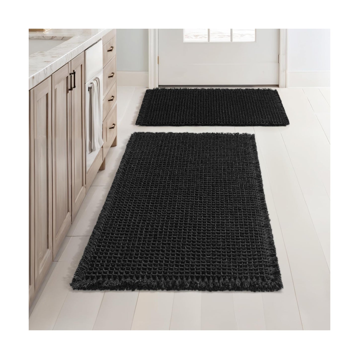 MIULEE Set of 2 Waffle Bathroom Rugs Boho Bath Mat Black 17"x24"+20"x32"