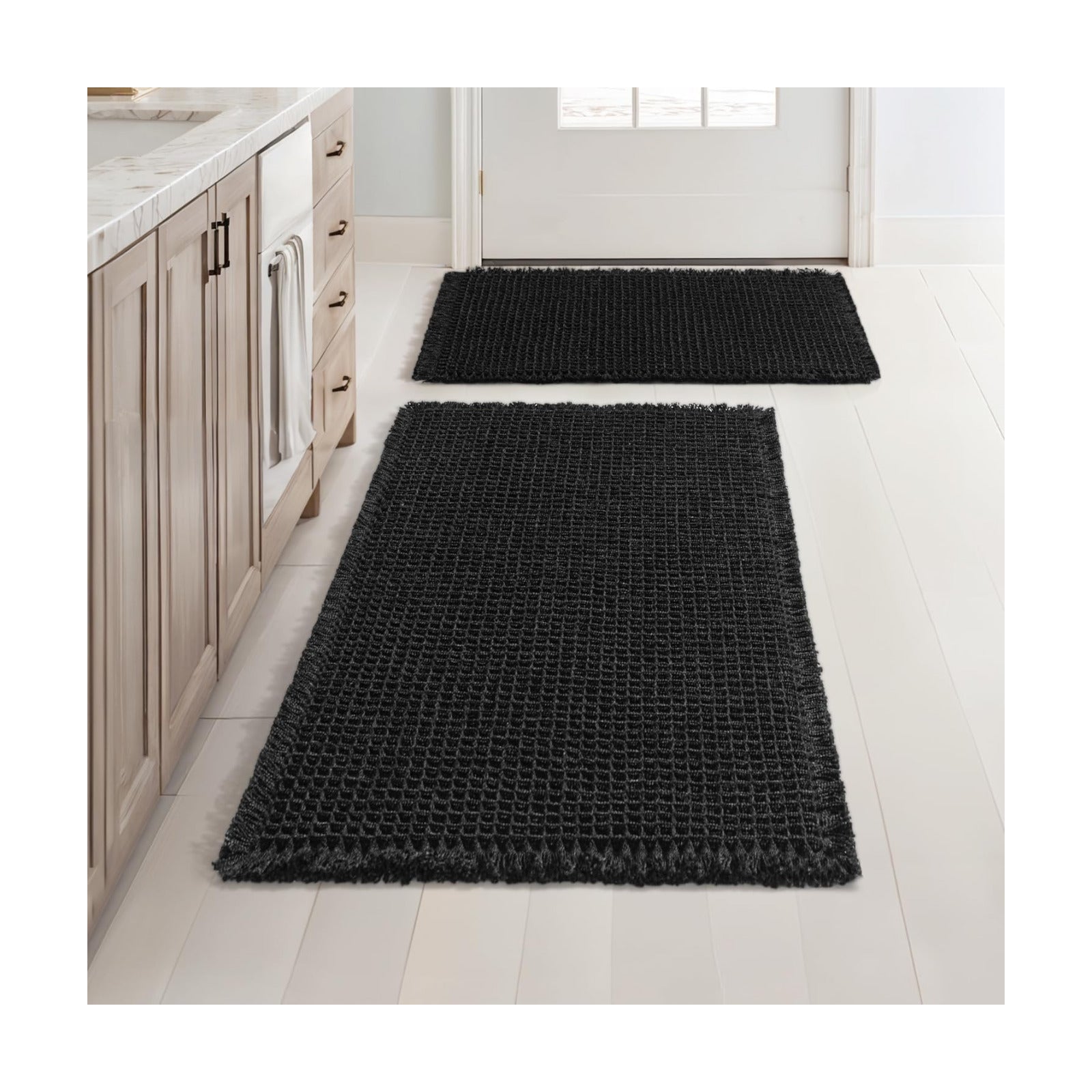 MIULEE Set of 2 Waffle Bathroom Rugs Boho Bath Mat Black 17"x24"+20"x32"