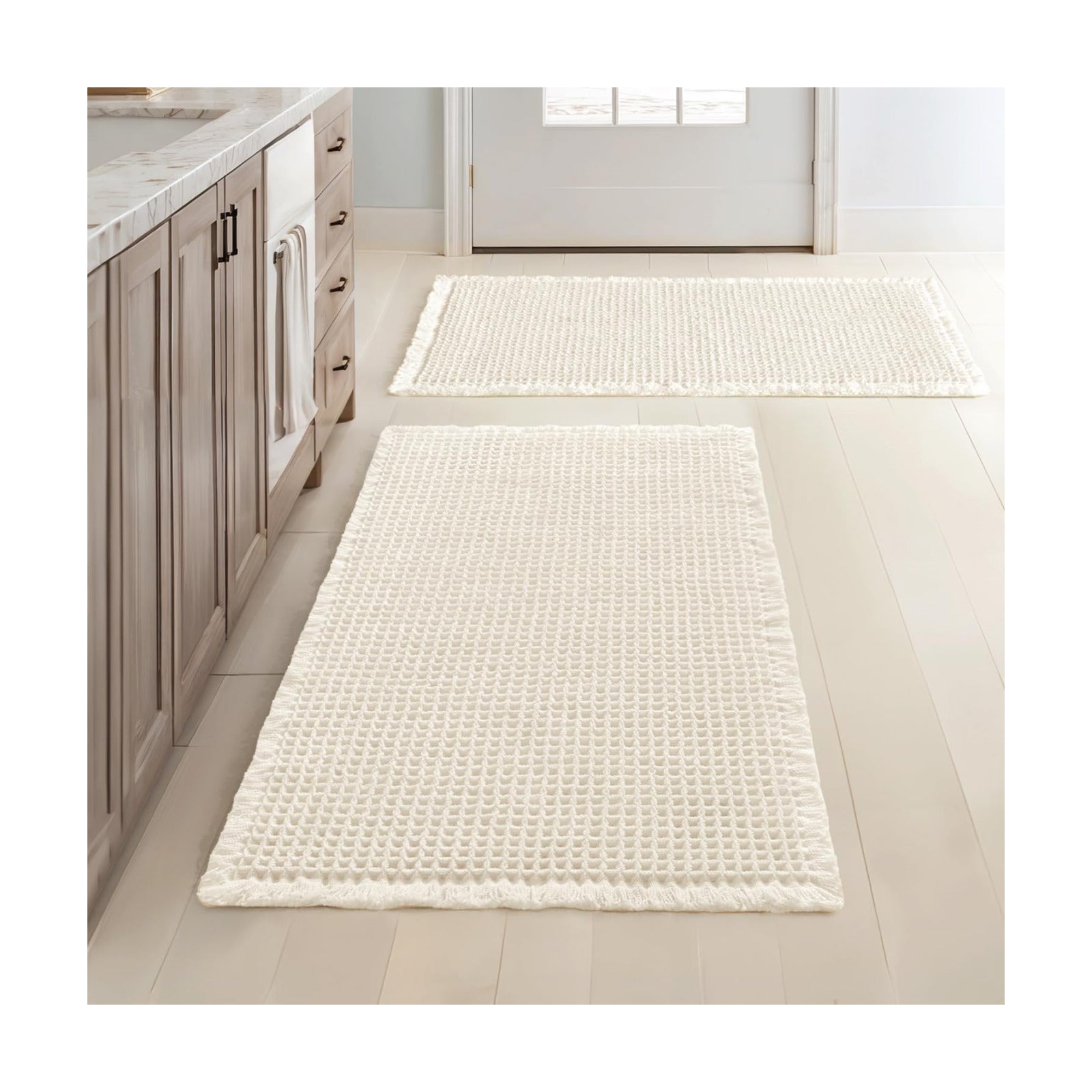 MIULEE Set of 2 Waffle Bathroom Rugs Boho Bath Mat Cream White 18x30 Inch