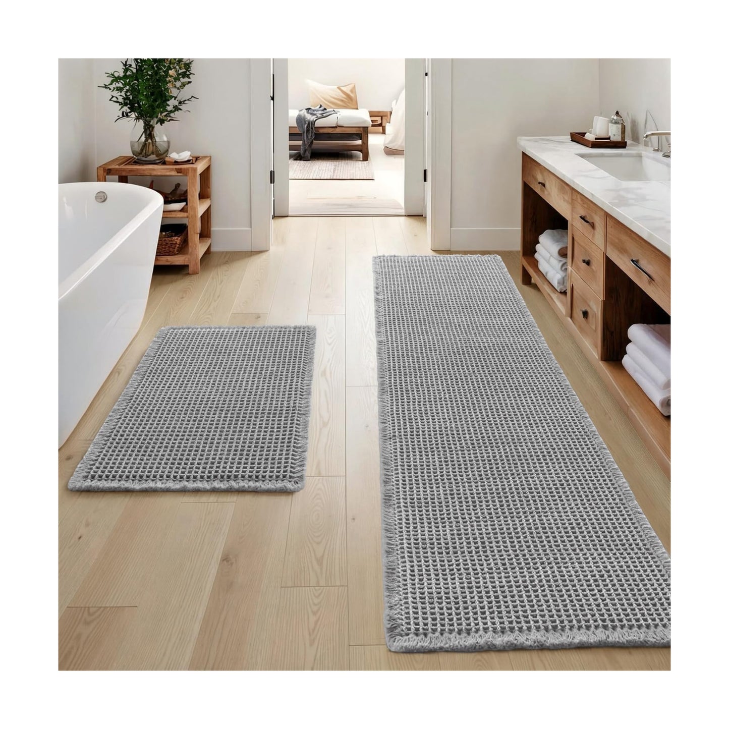 MIULEE Set of 2 Waffle Bathroom Rugs Light Grey Bath Mat 17"x24"+17"x48"
