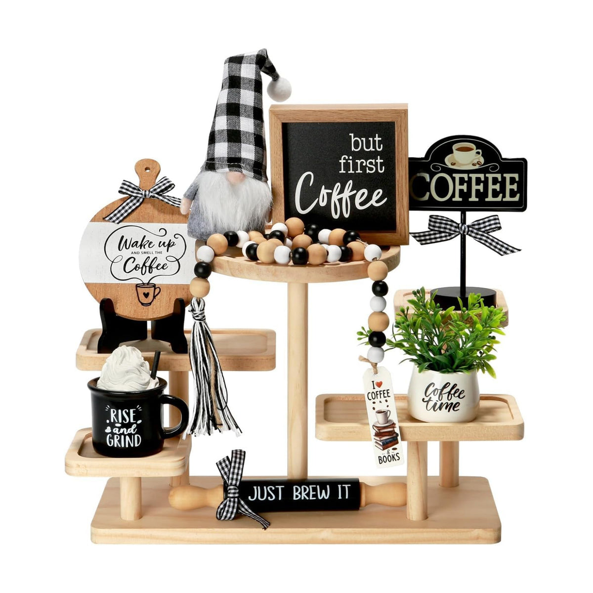 Coffee Bar Decor, 8 PCS Coffee Decorations for Table Tiered Tray Shelf