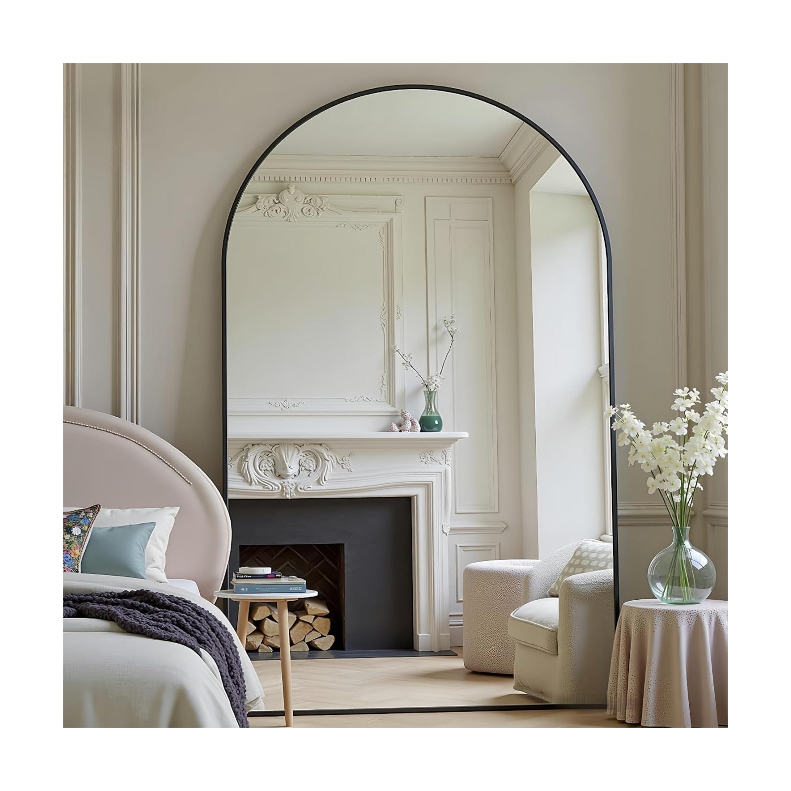 Prywot Full Length Mirror, Oversized 86"x46" Arched-Top Floor Mirror, Black
