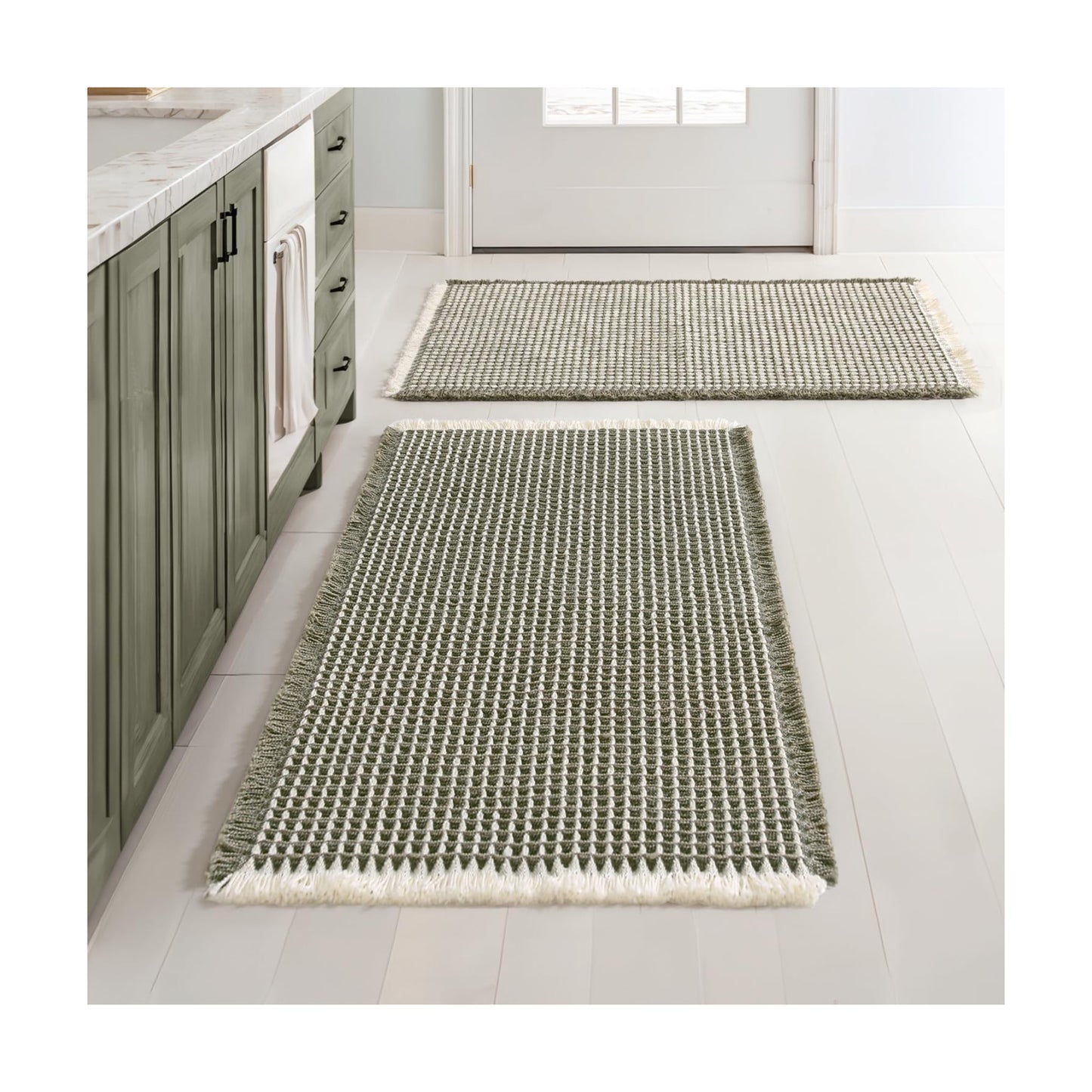 MIULEE Set of 2 Waffle Bathroom Rugs Boho Bath Mat Green&Cream 20x32 Inch