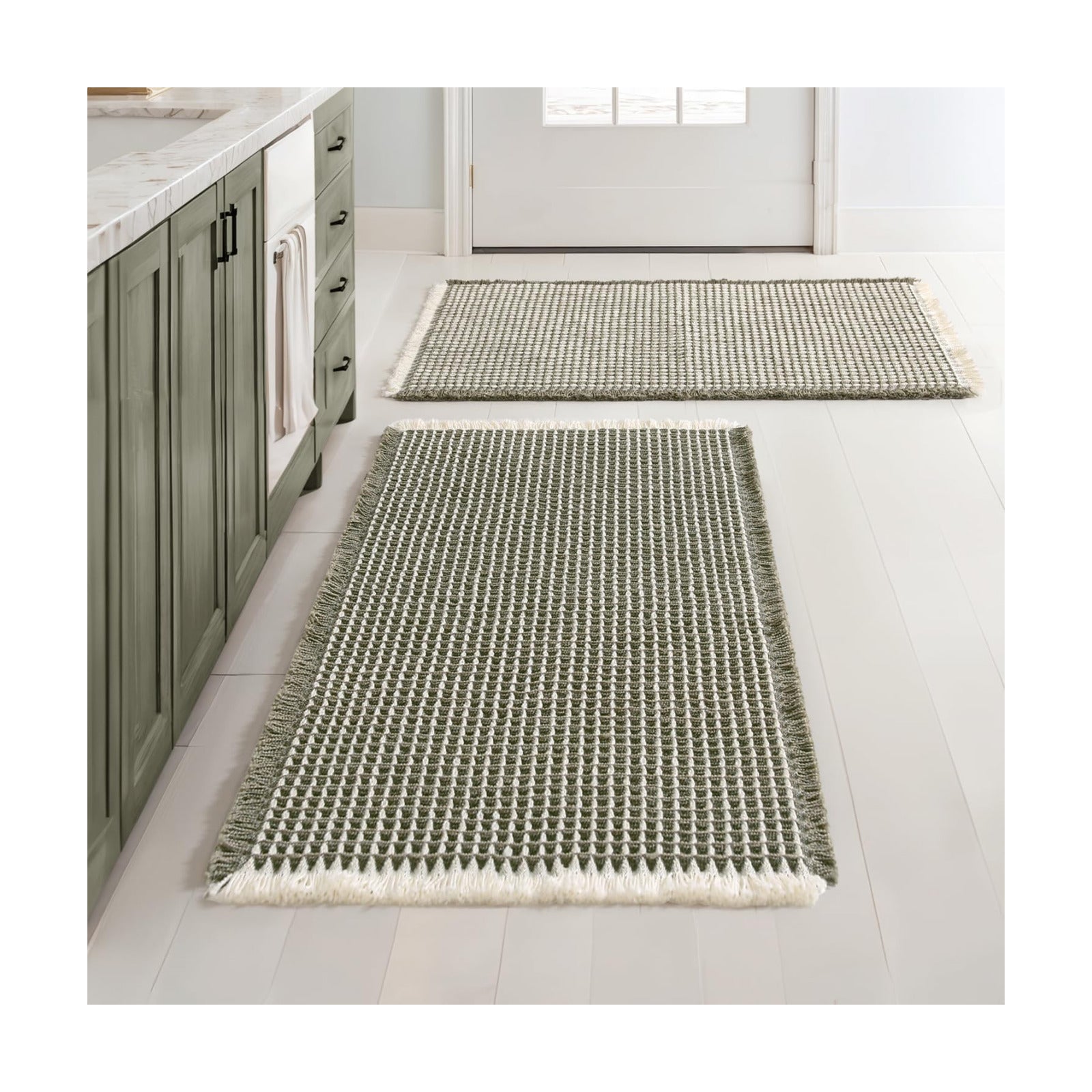 MIULEE Set of 2 Waffle Bathroom Rugs Boho Bath Mat Green&Cream 20x32 Inch