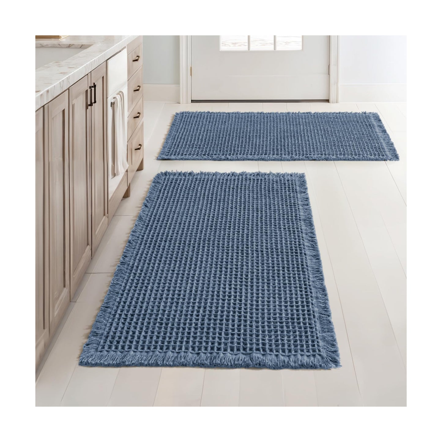 MIULEE Set of 2 Waffle Bathroom Rugs Boho Bath Mat Blue 20x32 Inch