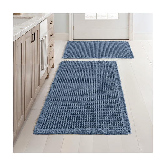 MIULEE Set of 2 Waffle Bathroom Rugs Boho Bath Mat Blue 17"x24"+20"x32"