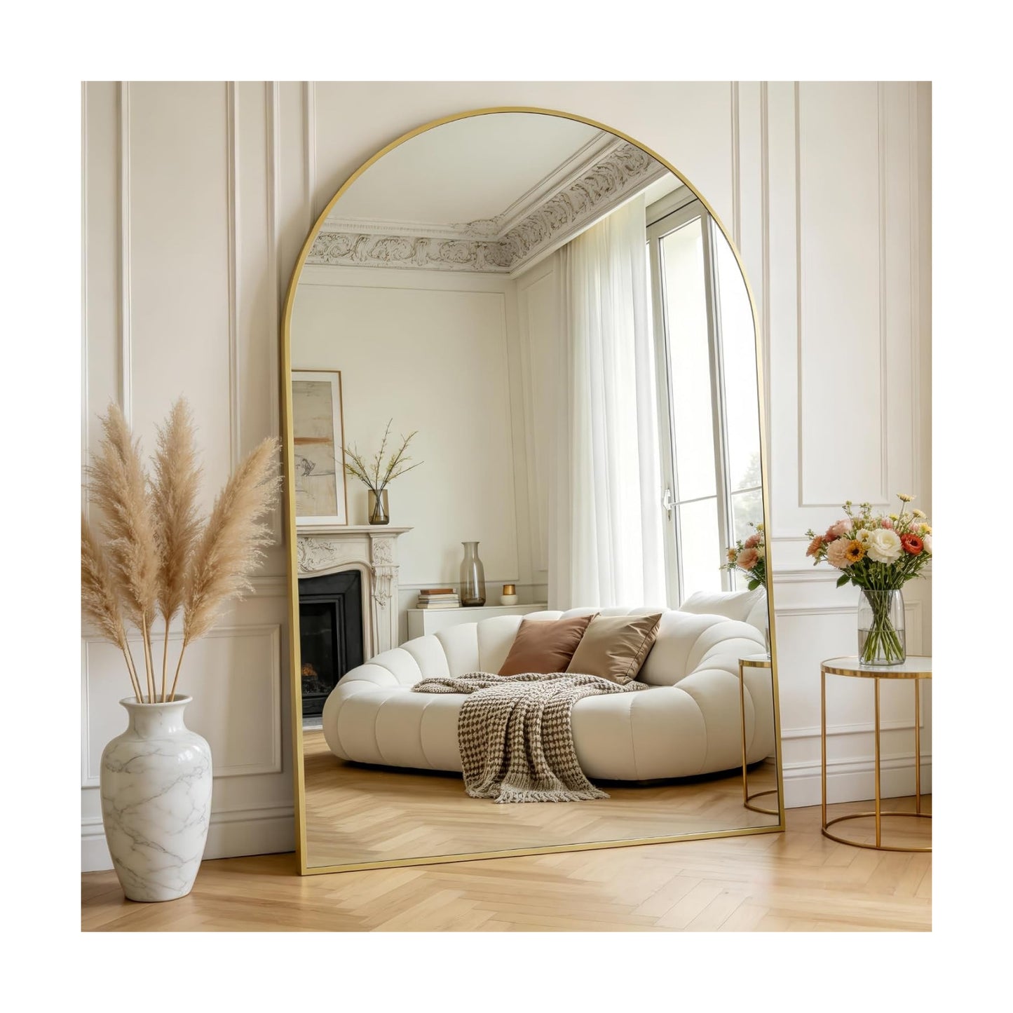 Prywot Full Length Mirror, Oversized 90"x46" Arched-Top Floor Mirror, Gold