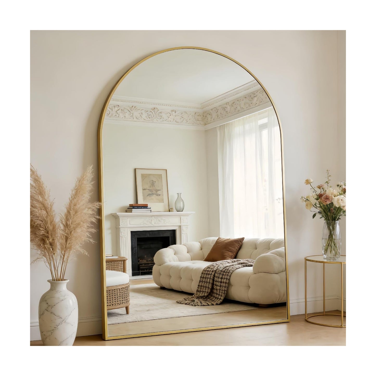 Prywot Full Length Mirror, Oversized 86"x46" Arched-Top Floor Mirror, Gold