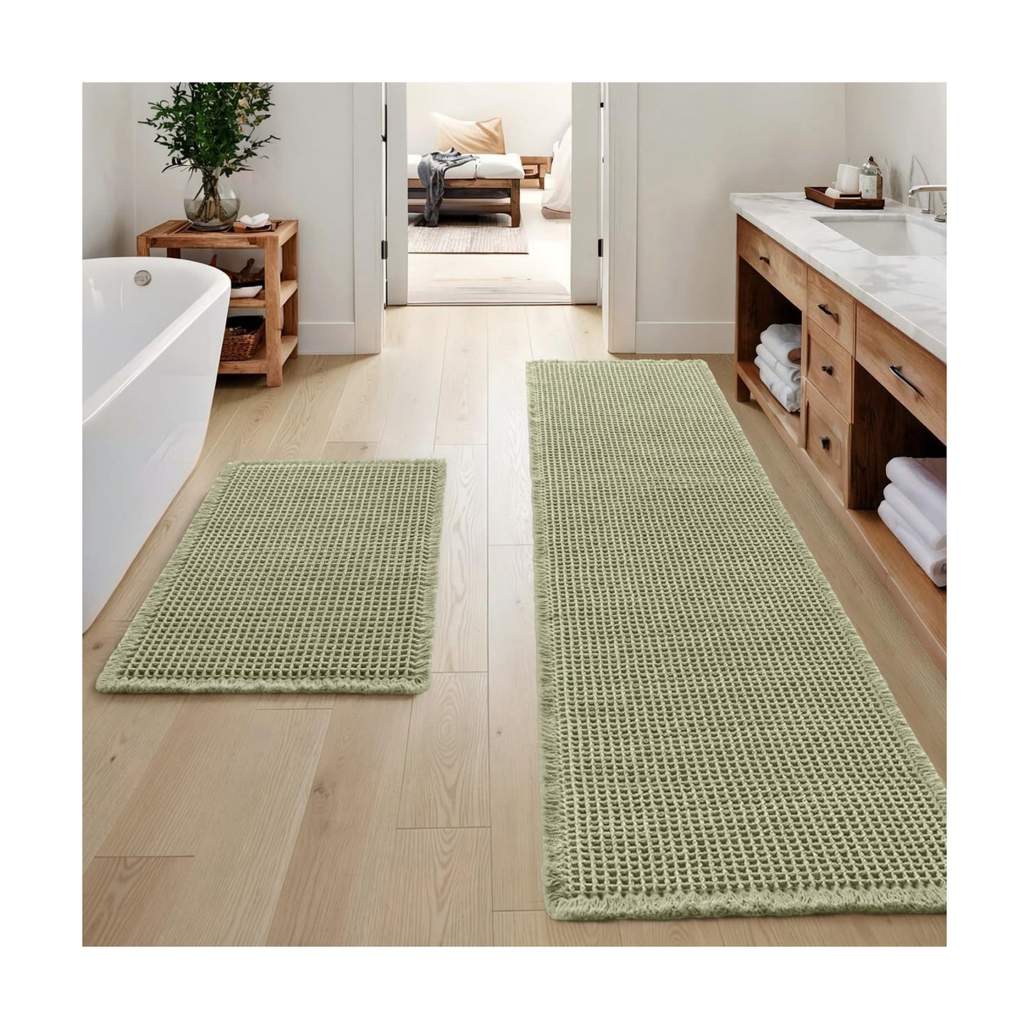 MIULEE Set of 2 Waffle Bathroom Rugs Sage Green Bath Mat 17"x24"+17"x48"