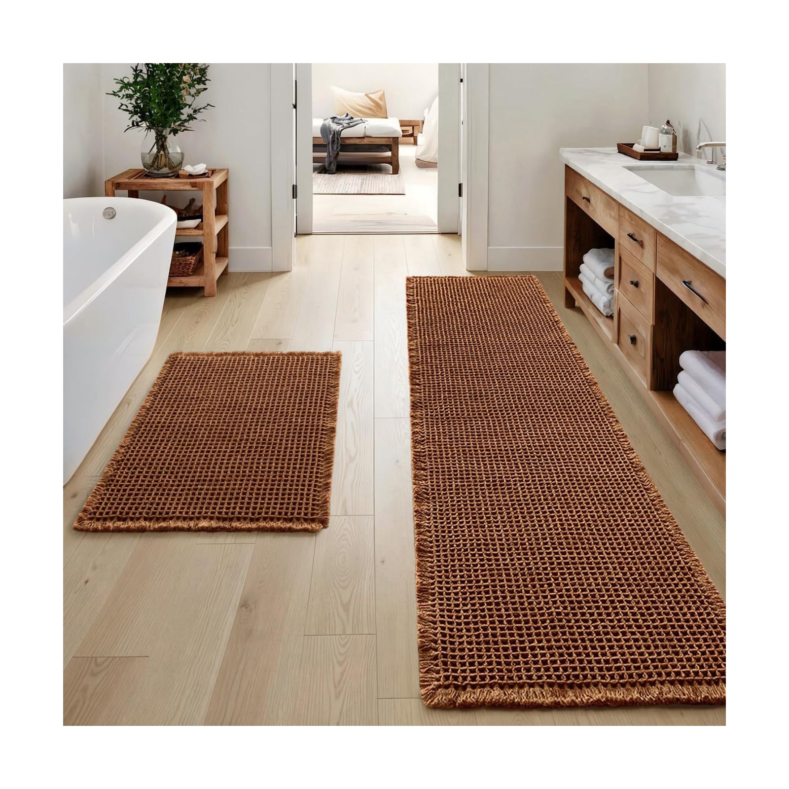 MIULEE Set of 2 Waffle Bathroom Rugs Boho Bath Mat Caramel 17"x24"+17"x48"