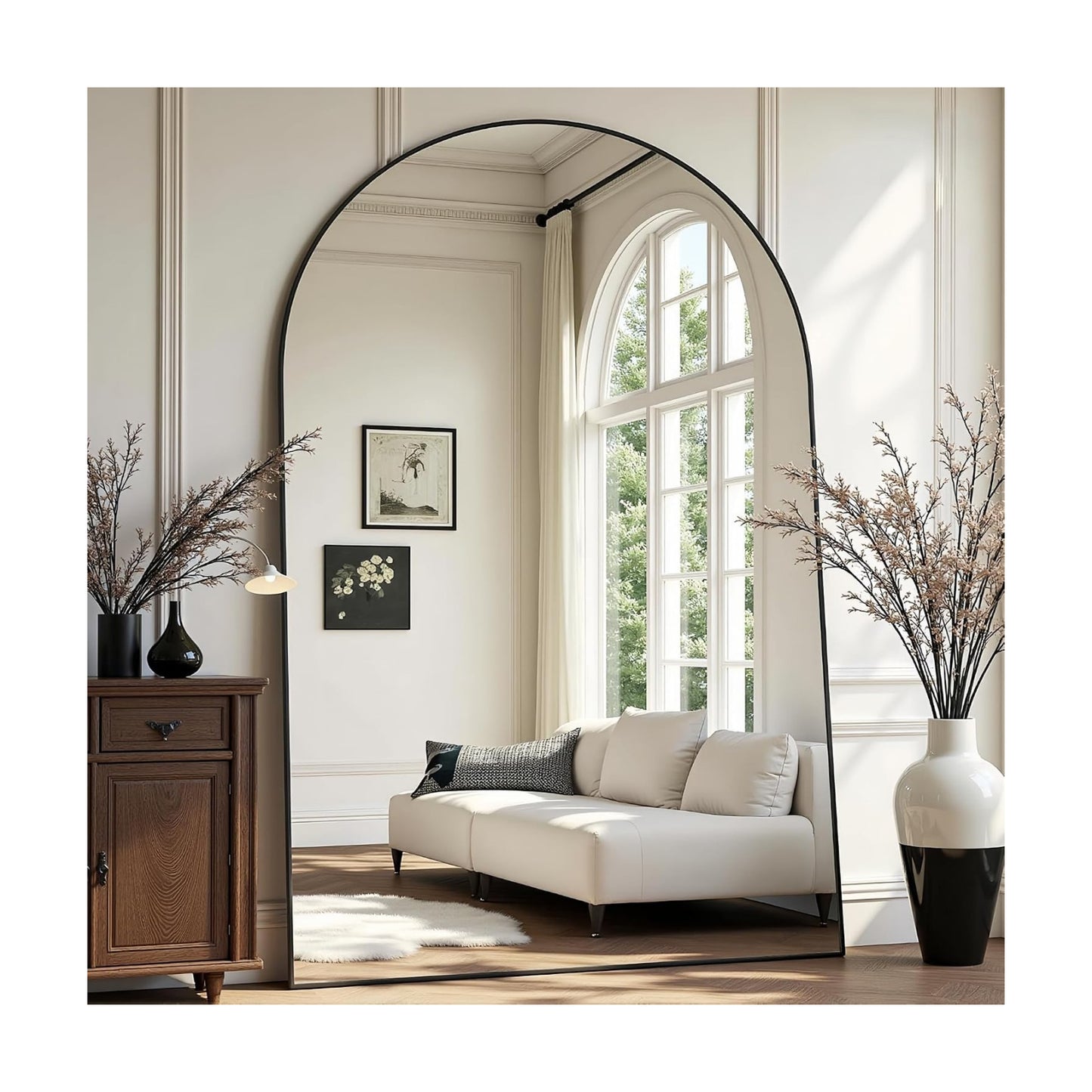 Prywot Full Length Mirror, Oversized 90"x46" Arched-Top Floor Mirror, Black