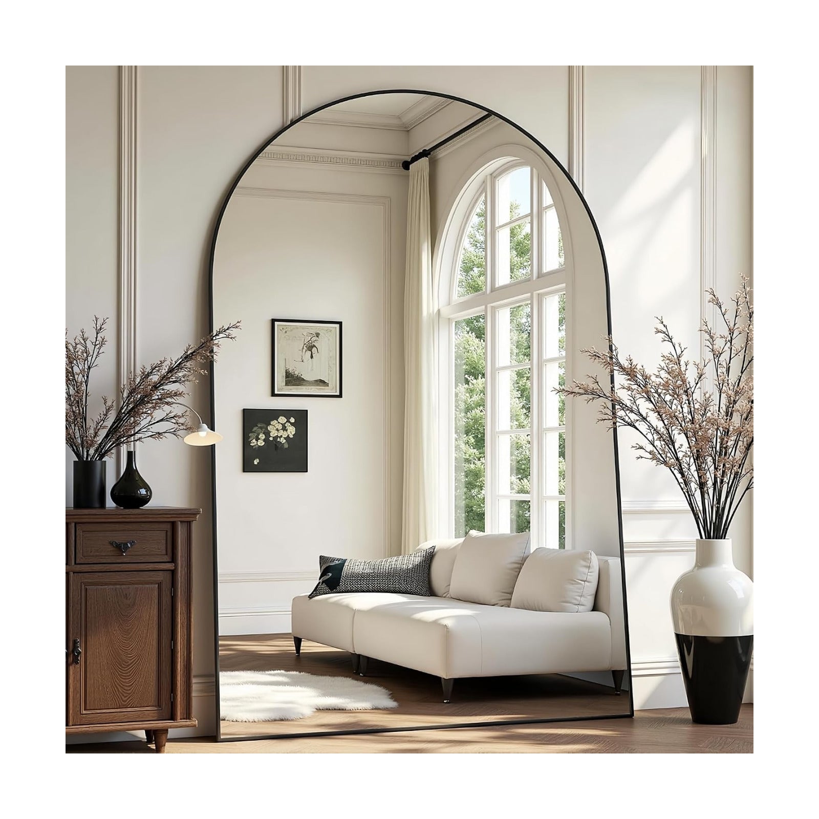 Prywot Full Length Mirror, Oversized 90"x46" Arched-Top Floor Mirror, Black