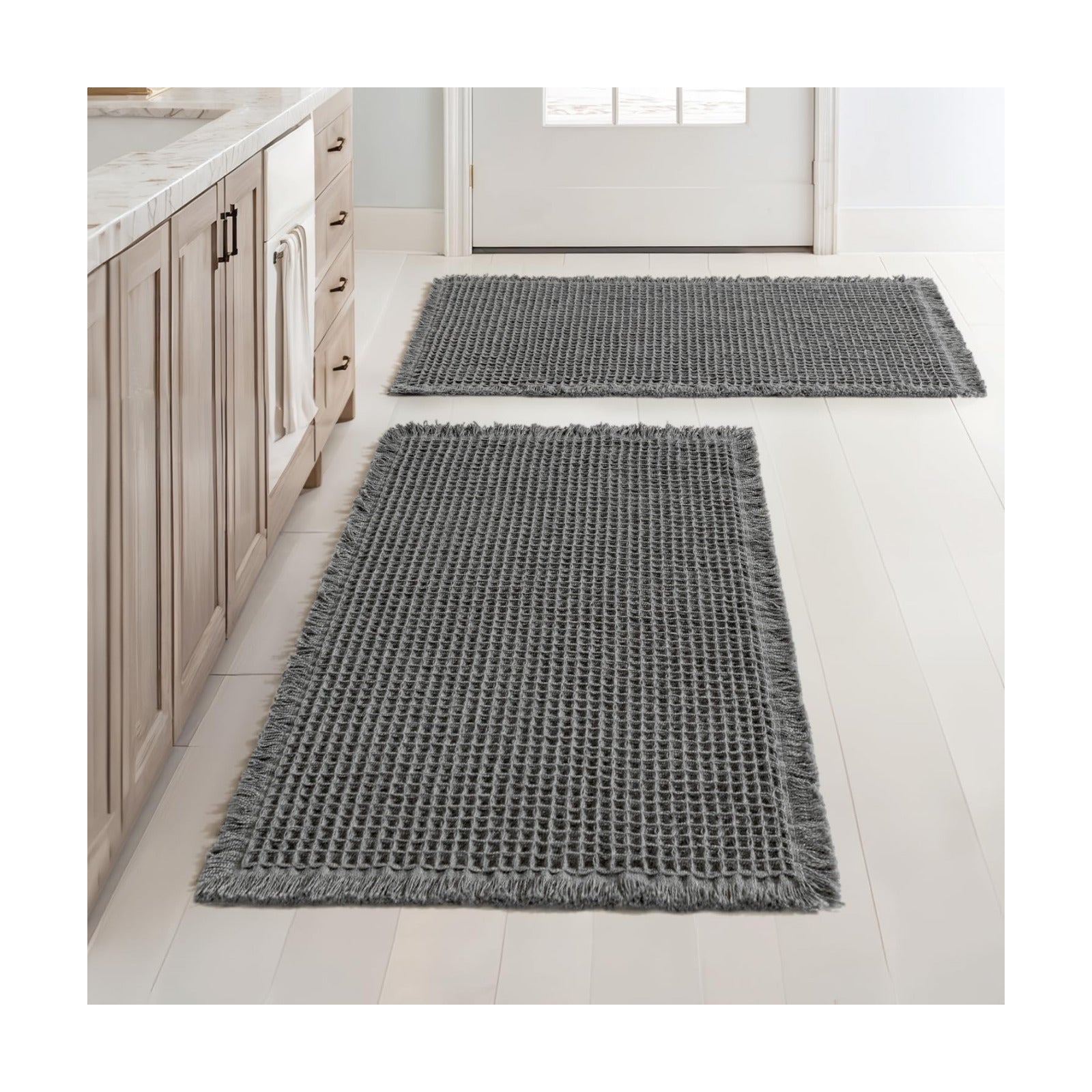 MIULEE Set of 2 Waffle Bathroom Rugs Boho Bath Mat Dark Grey 24x36 Inch