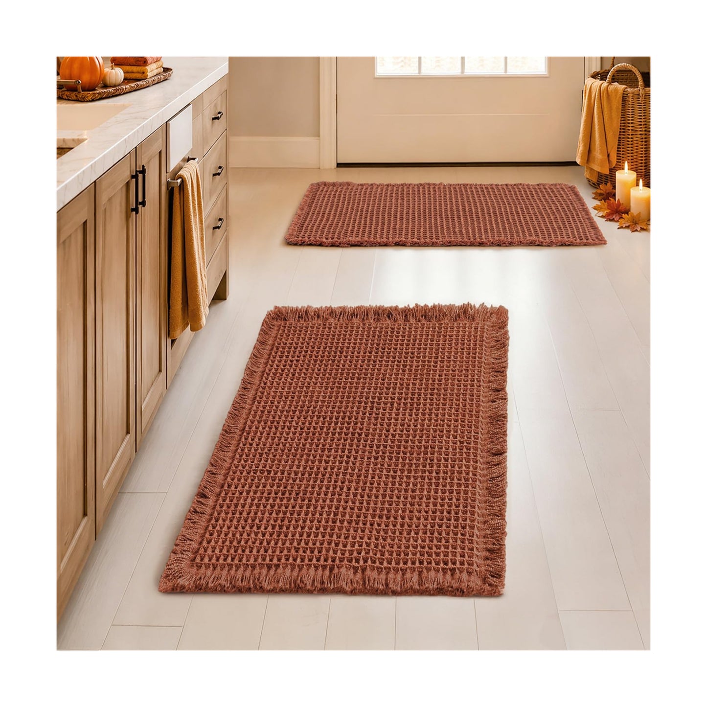MIULEE Fall Rust Set of 2 Waffle Bathroom Rugs Boho Bath Mat 17x24 Inch