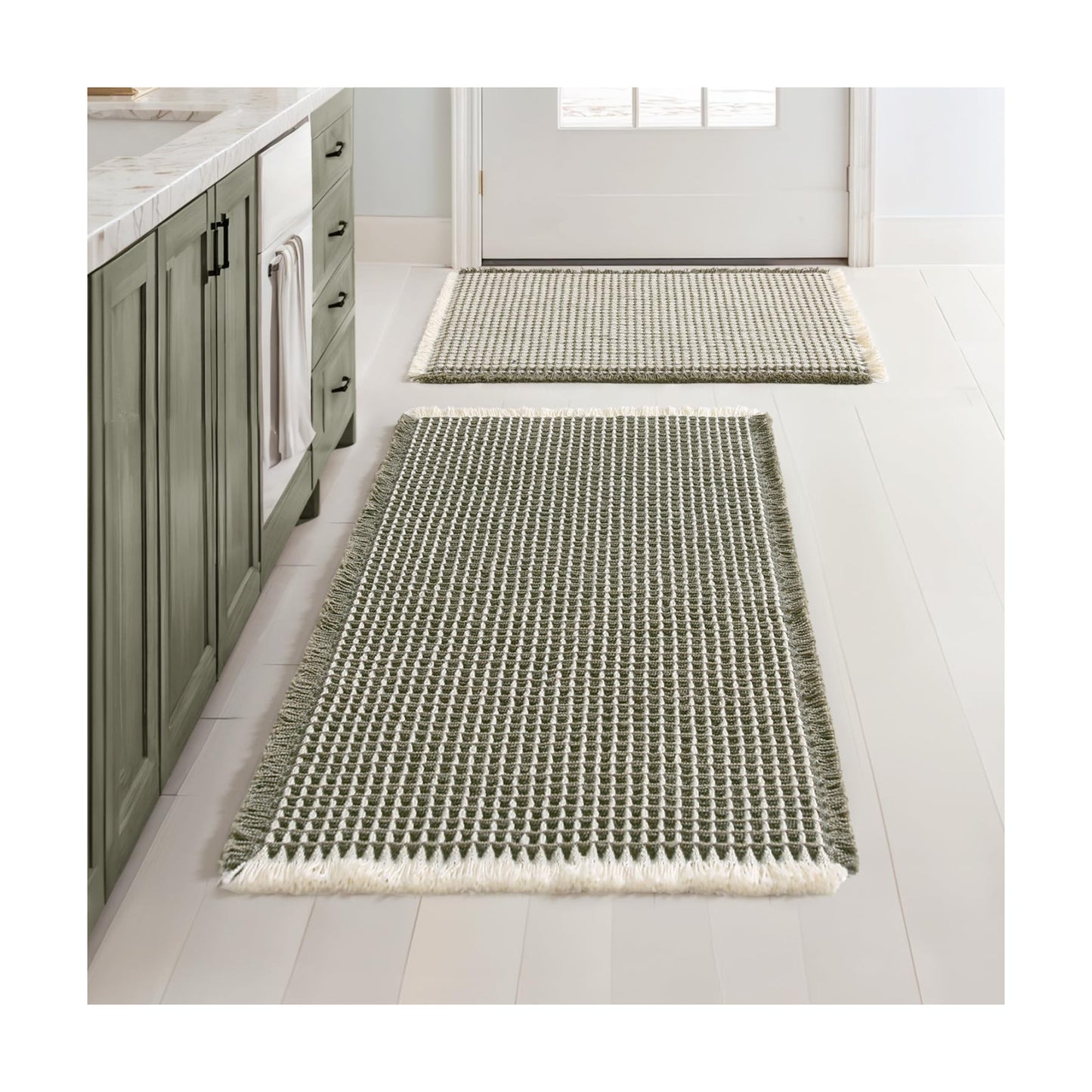 MIULEE Set of 2 Waffle Bathroom Rugs Green&Cream Bath Mat 17"x24"+20"x32"