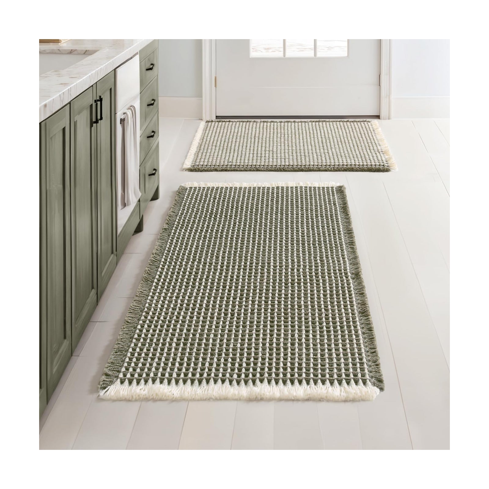 MIULEE Set of 2 Waffle Bathroom Rugs Green&Cream Bath Mat 17"x24"+20"x32"
