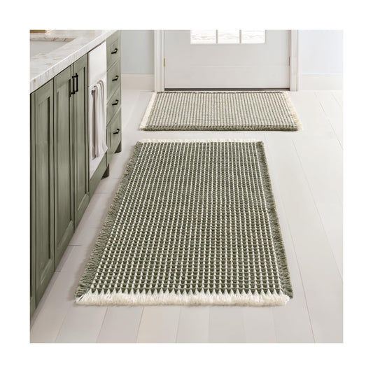 MIULEE Set of 2 Waffle Bathroom Rugs Green&Cream Bath Mat 17"x24"+20"x32"
