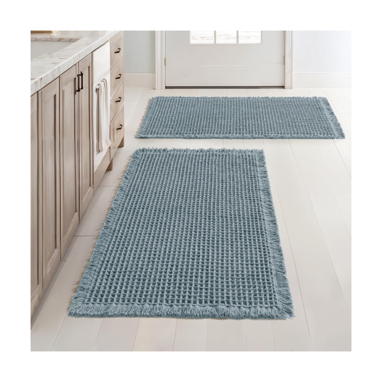 MIULEE Set of 2 Waffle Bathroom Rugs Boho Bath Mat Dusty Blue 18x30 Inch