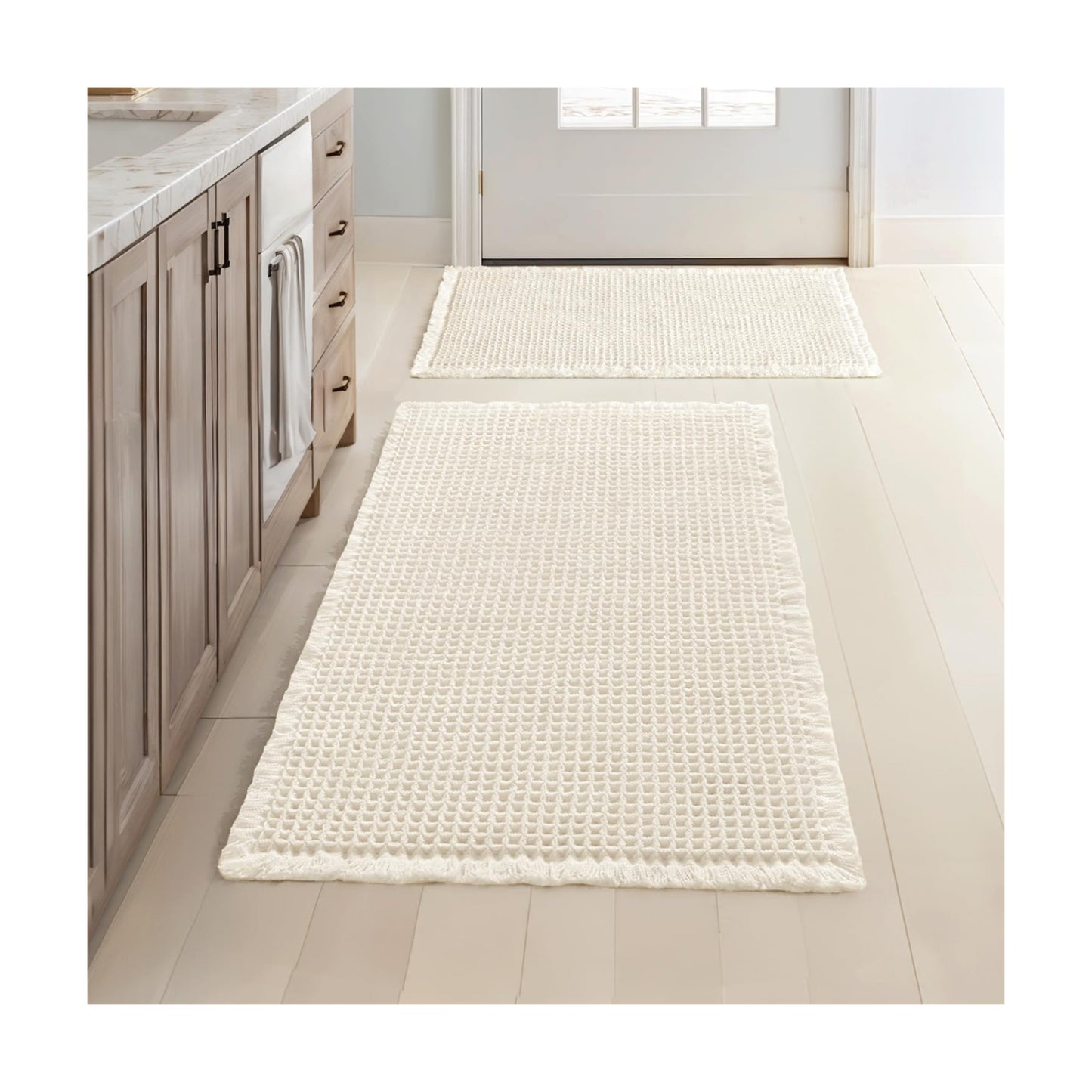 MIULEE Set of 2 Waffle Bathroom Rugs Cream White Bath Mat 17"x24"+18"x30"