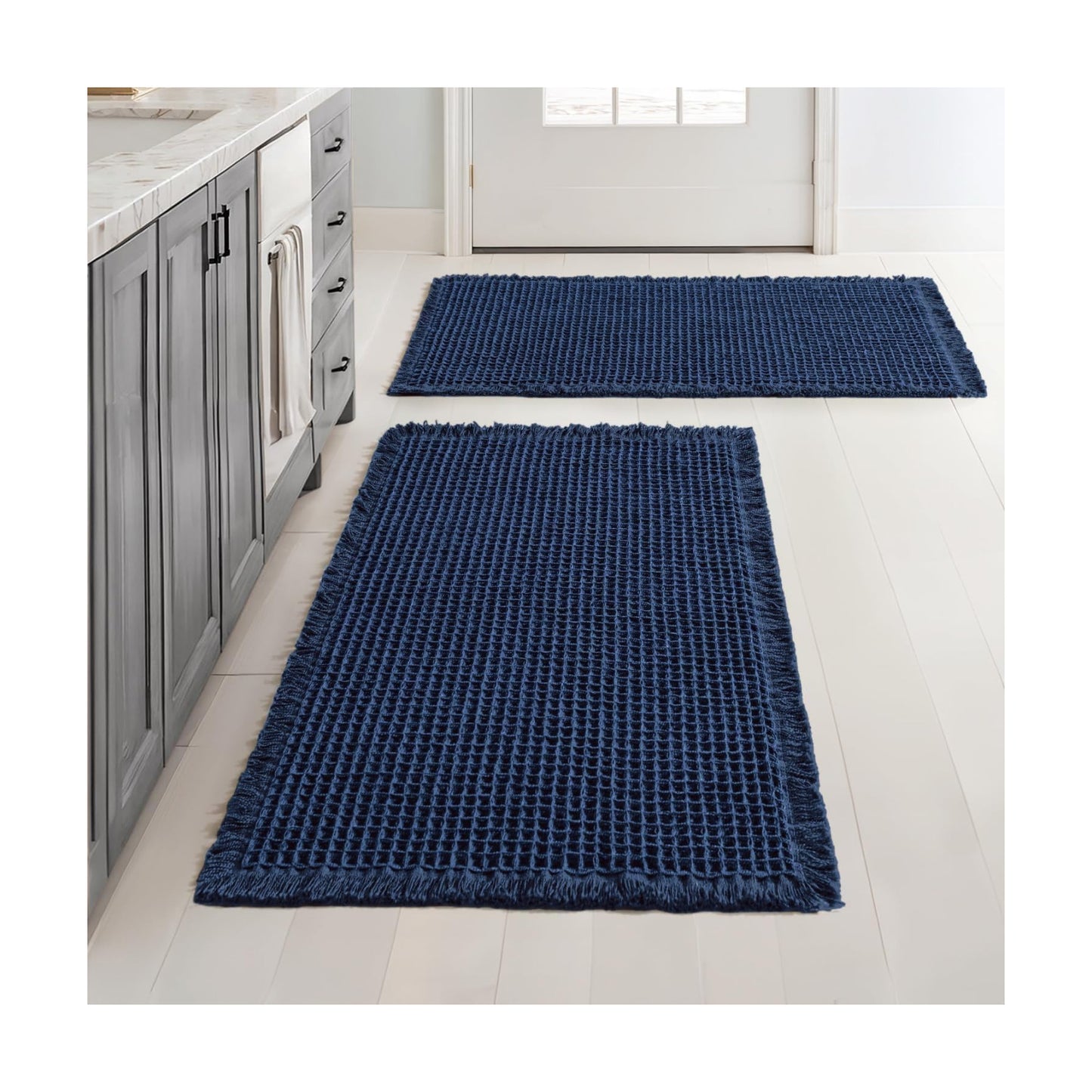 MIULEE Set of 2 Waffle Bathroom Rugs Boho Bath Mat Navy Blue 18x30 Inch