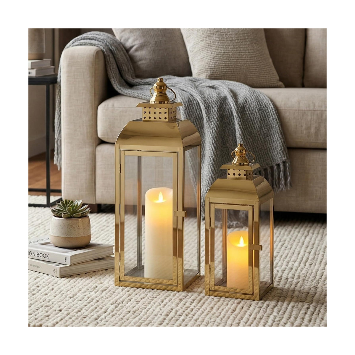 JHY DESIGN Set of 2 Stainless Steel Decorative Candle Lanterns 20.5"&15" High Metal Candle Lanterns for Indoor Outdoor