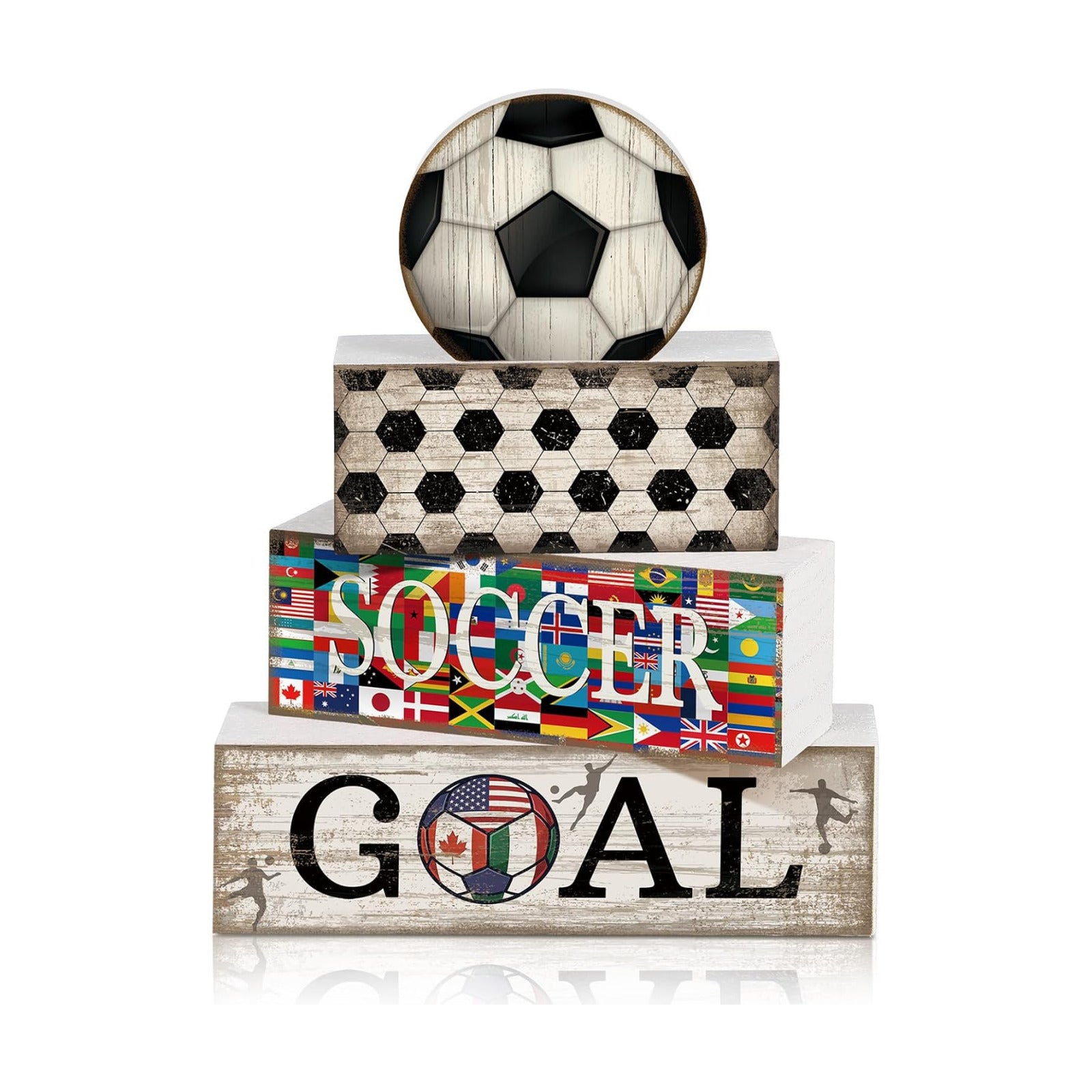 Moucuny 4 Pcs Soccer Centerpieces Table Wooden Block Signs Ball Topper