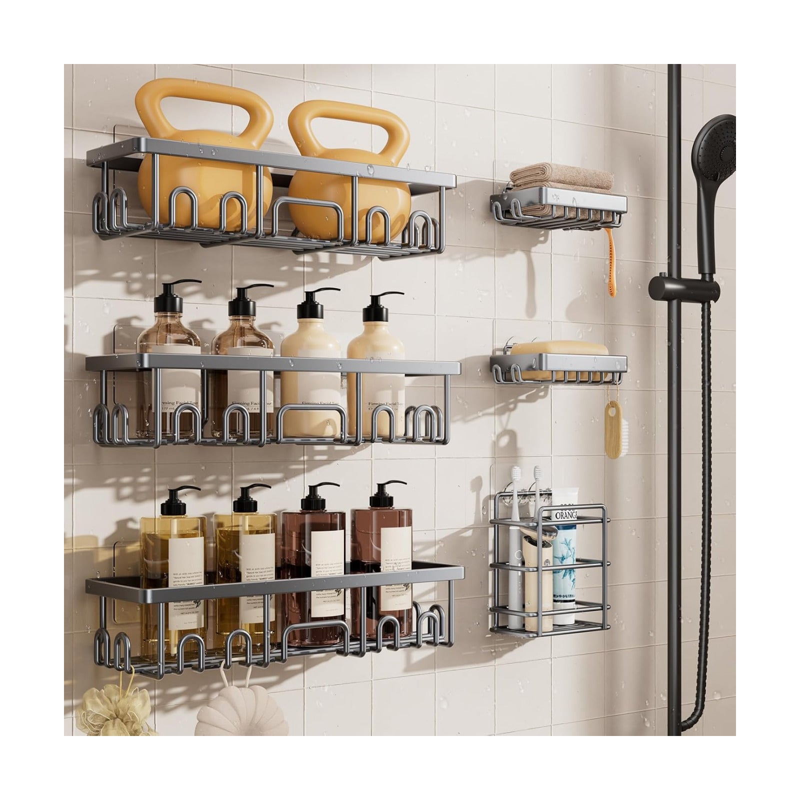 Veken Shower Caddy 6-Pack, No Drilling & Rustproof, Waterproof Adhesive Shelves Rack with Soap Holder, Large Capacity