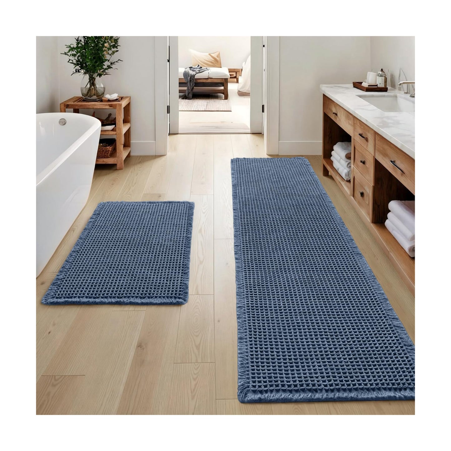 MIULEE Set of 2 Waffle Bathroom Rugs Boho Bath Mat Blue 17"x24"+17"x48"