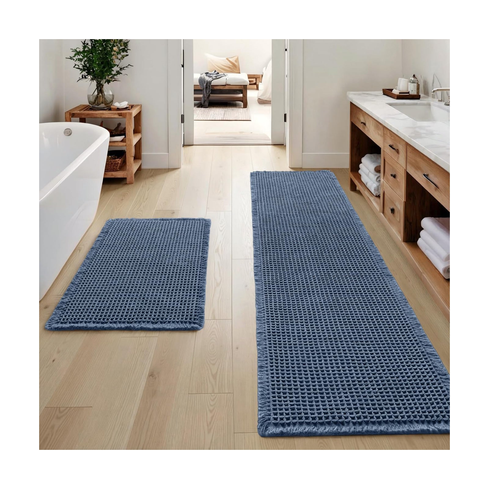 MIULEE Set of 2 Waffle Bathroom Rugs Boho Bath Mat Blue 17"x24"+17"x48"