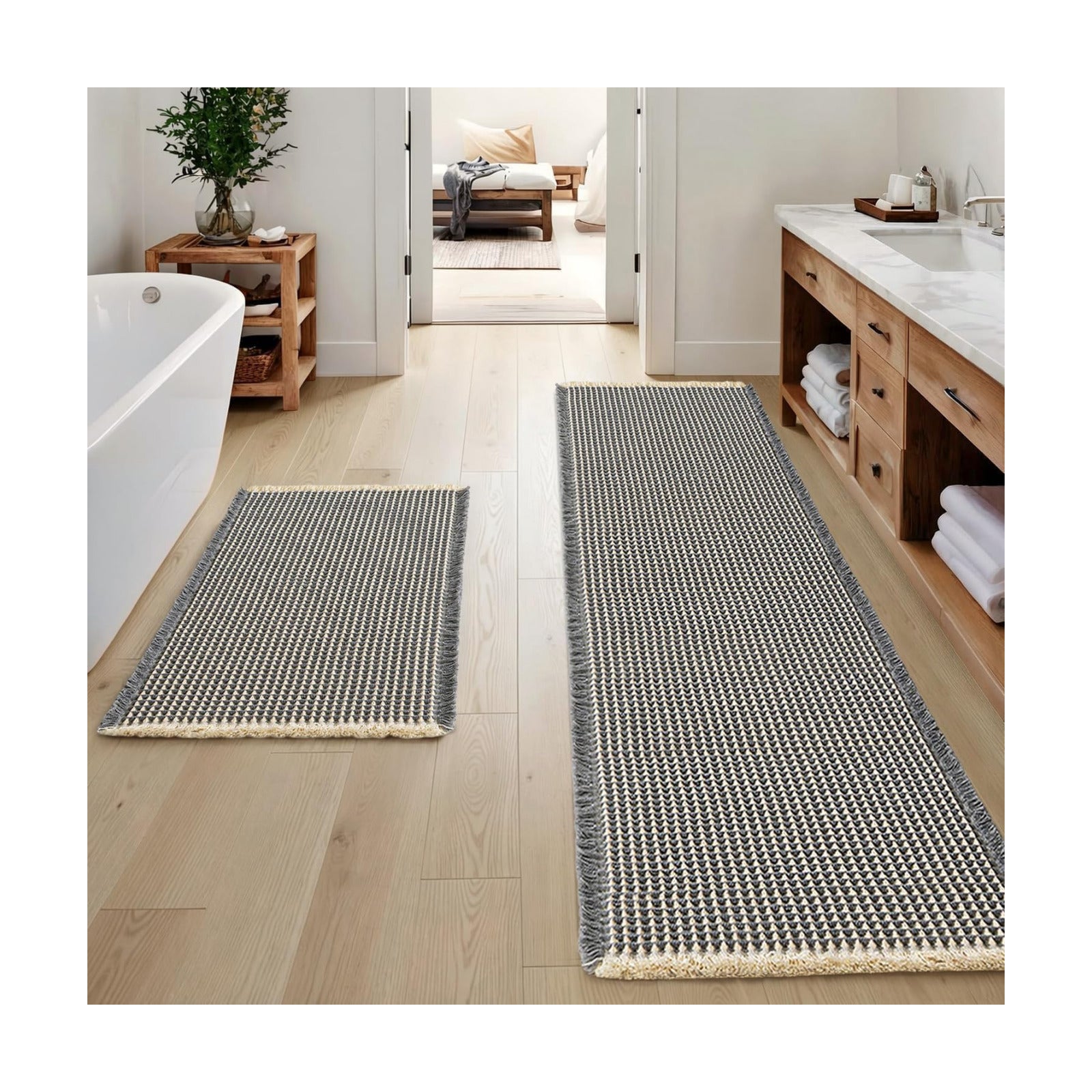 MIULEE Set of 2 Waffle Bathroom Rugs Dark Grey&Yellow 17"x24"+17"x48"