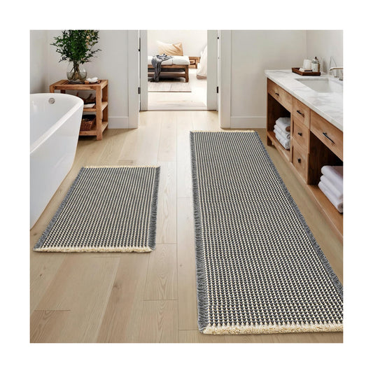 MIULEE Set of 2 Waffle Bathroom Rugs Dark Grey&Yellow 17"x24"+17"x48"