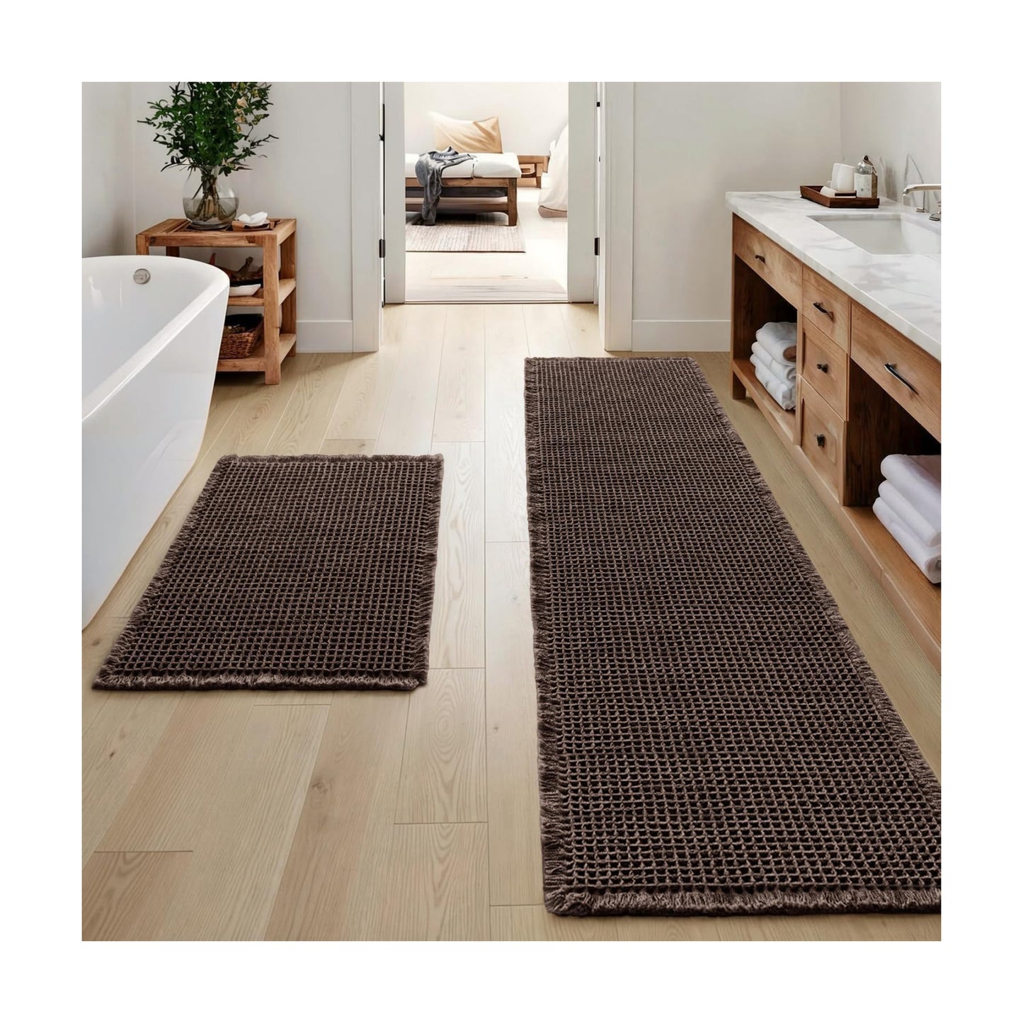 MIULEE Set of 2 Waffle Bathroom Rugs Chocolate Bath Mat 17"x24"+17"x48"
