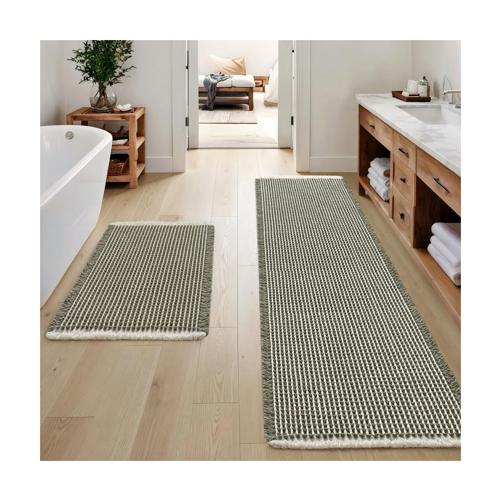 MIULEE Set of 2 Waffle Bathroom Rugs Green&Cream Bath Mat 17"x24"+17"x48"