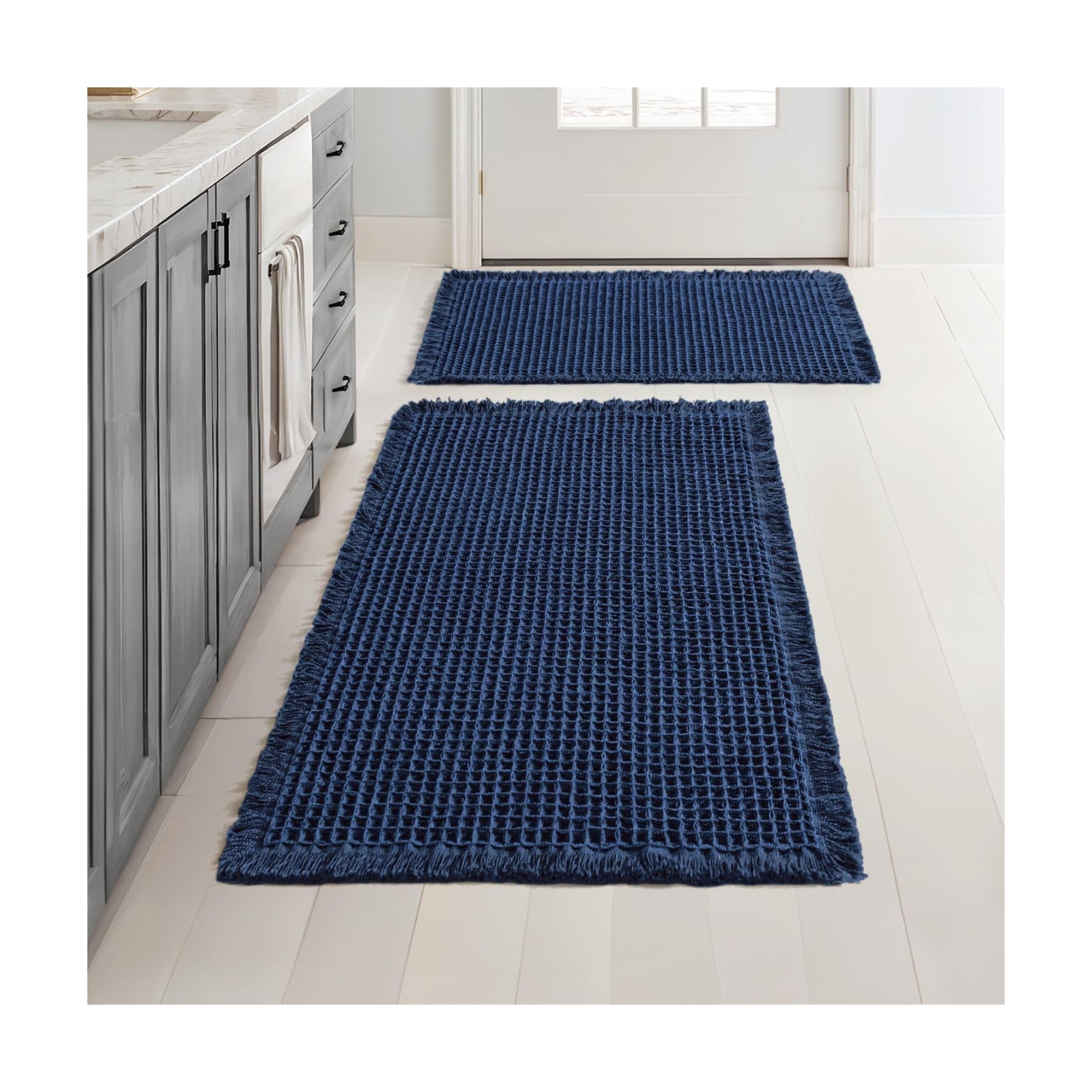 MIULEE Set of 2 Waffle Bathroom Rugs Navy Blue Bath Mat 17"x24"+18"x30"